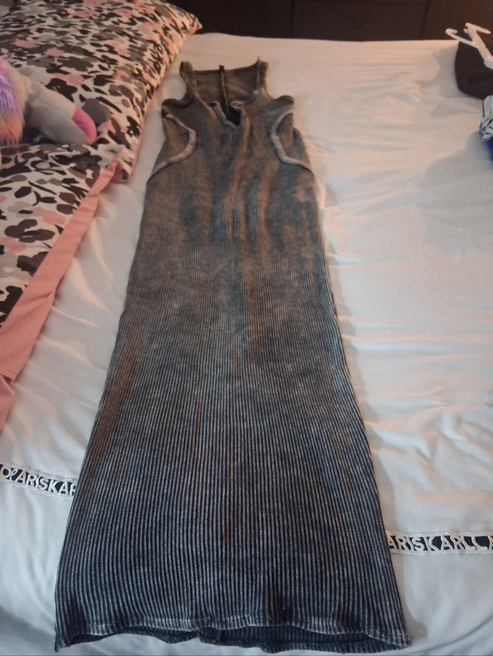 Long Sleeveless Ribbed Maxi Dress in Charcoal Gray. Sexy Fit.
